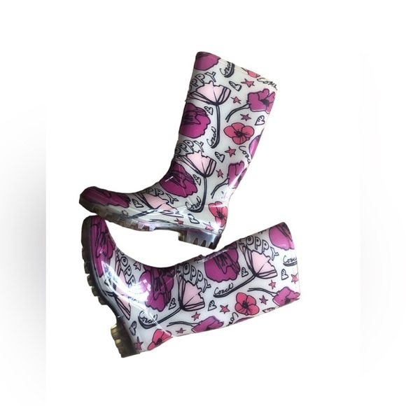 Coach Poppy Rubber Jelly Tall Preppy Rain Boots 7 Printed Pink Flowers Fairycore - Picture 1 of 10